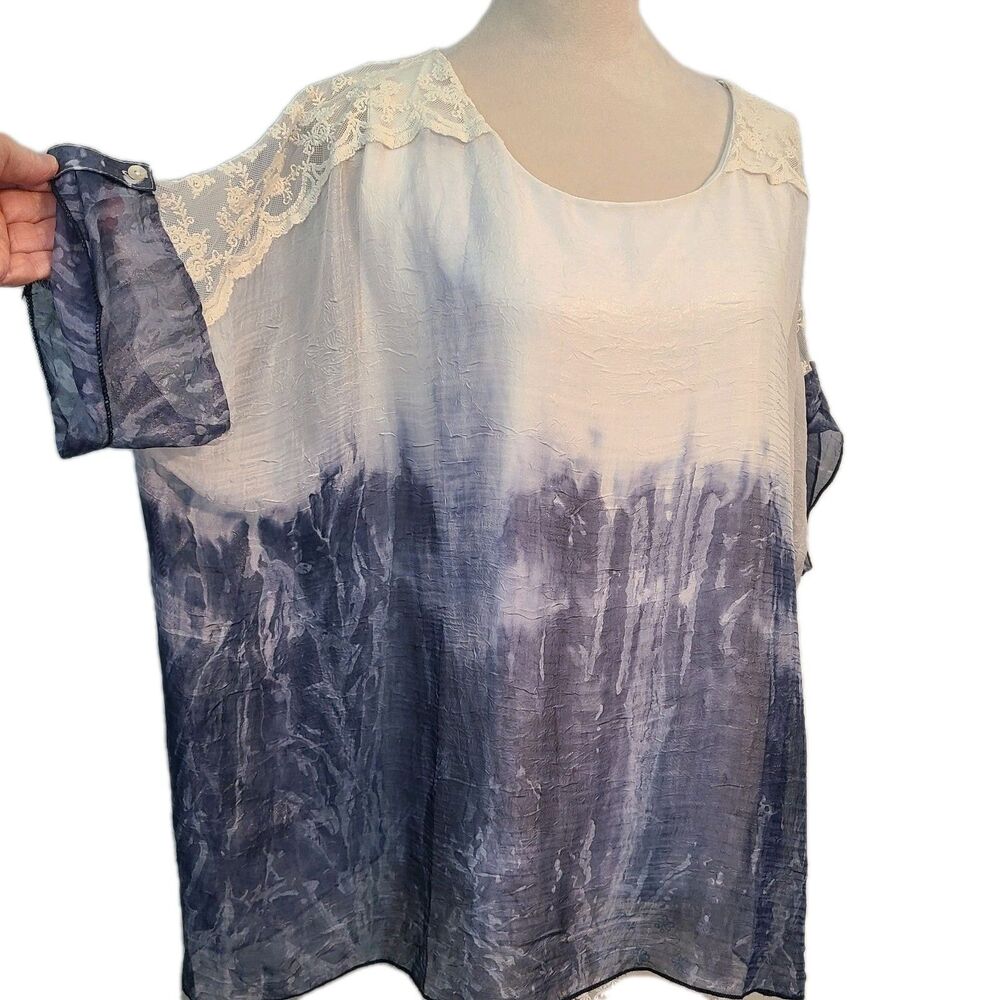 Coco+ Carmen Blue Ombre Lace Tunic Top L/XL Boho Coastal Dip Dye Sheer Kaftan